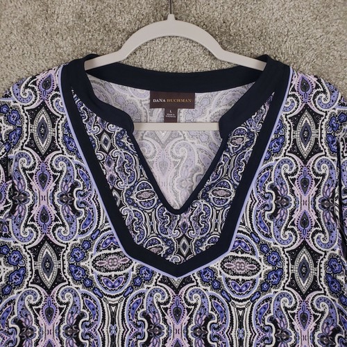 Dana Buchman Tunic Blouse Sz L Womens Purple V Neck 3/4 Sleeve Side Slit Stretch - Picture 3 of 8