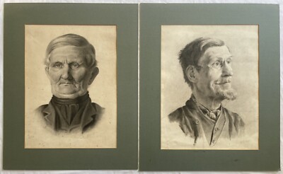 2 Stunning Large Pencil Studies of Old Men   Indistinct Signature C. 1900