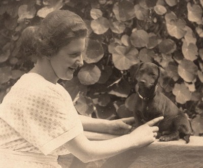 Vintage RPPC German Photo Postcard  Woman Dachshund Wiener Dog Puppy Pet Garden