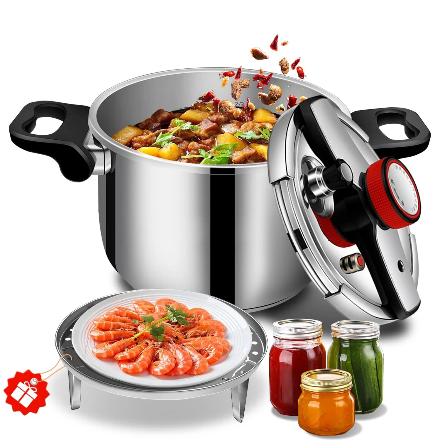 6.34 Quart Pressure Cooker, 304 Stainless Steel - Explosion-Proof Lock, Hand ...