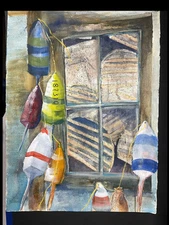 Lobster Buoys Stonington CT Original Water Color Painting Unframed 30"