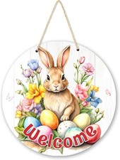 Easter Door Decorations 12-inch "Welcome" Cute Bunny Round Wooden Hanging Sign