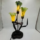 VTG Tiffany Style Luminarie Table Lamp Brass Green Tulips & Red Dragonfly 23"