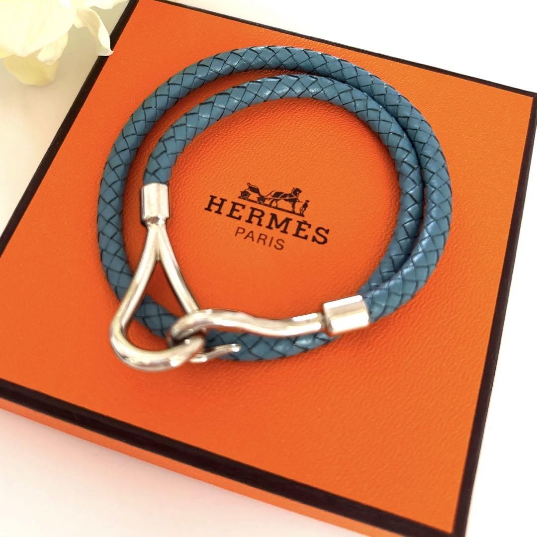 Hermes Blue Leather Braided Bracelet Choker Excellent Used No Box Auth