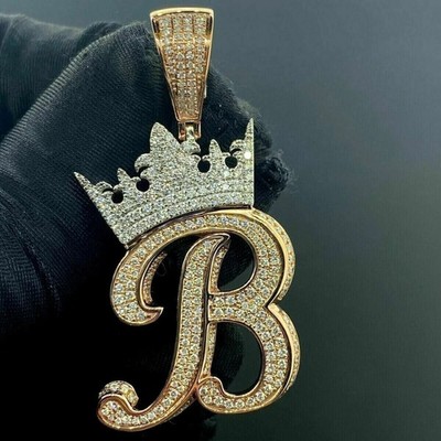 ''B'' Initial Letter Pendant 14K Yellow Gold Plated Round Cut Certified Moissanite