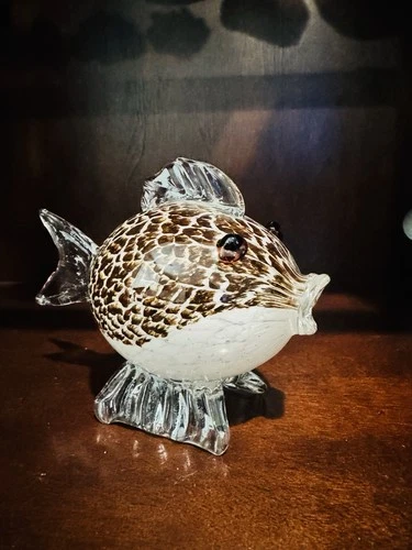 Vintage Hand Blown Art Glass Fish Figurine Brown Speckled Murano Style