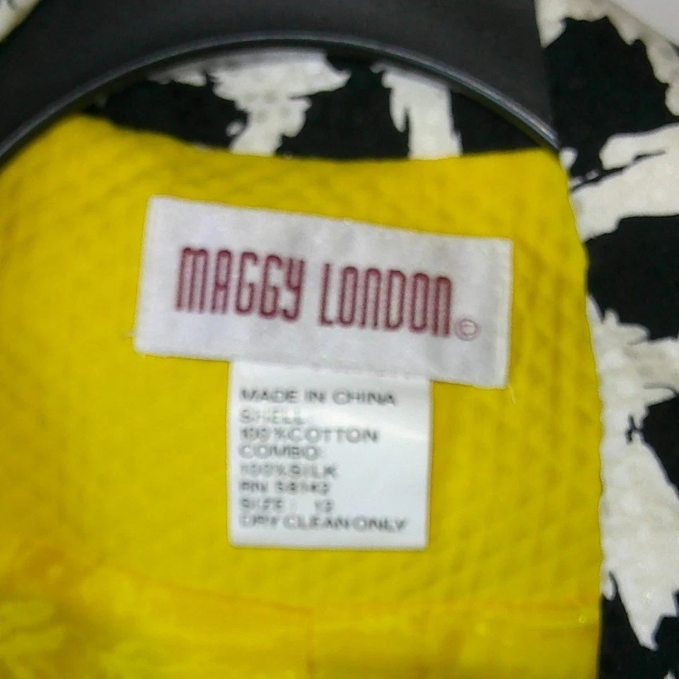 Conjunto de Falda Blazer Vintage Maggy London Elsbeth Amarillo Negro Pata de Seda Talla 12 Foto 2 de 4