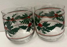 4 Vintage Holly Red and Green Striped Christmas Glasses Old Fashioned Low Ball