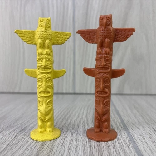 Vintage Marx “Fort Apache” Lot Of 2 Plastic Totem Poles - Yellow & Brown - 1960s
