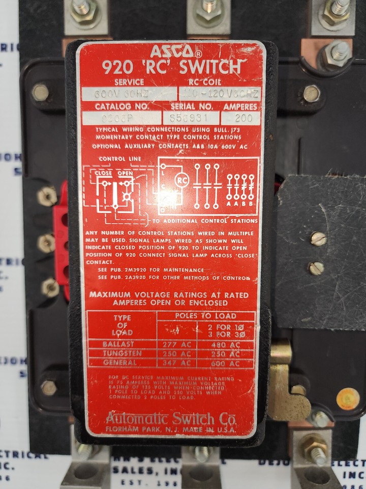ASCO 9206P AUTOMATIC 920 RC SWITCH 200 AMPS 600V 120V COIL 3 PHASE | eBay