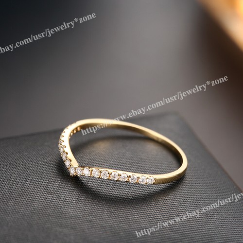 Solid 18k Yellow Gold Ring Minimalist Jewelry Band Round Full Cut Diamond 0.2ct - 第 6/9 張圖片