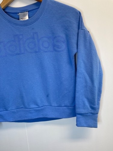 adidas Girls Size S (7-8) Linear Crew Neck Sweatshirt, Blue Logo Pullover - Picture 3 of 5