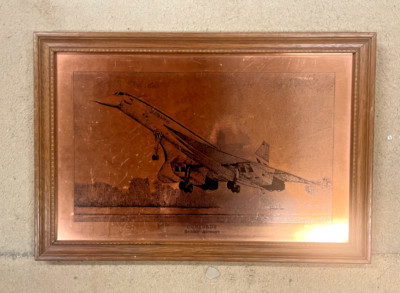 COTSWOLD ETCHINGS COPPER PICTURE OF CONCORDE - DATED 1976 - 48CMS X 33CMS (87)