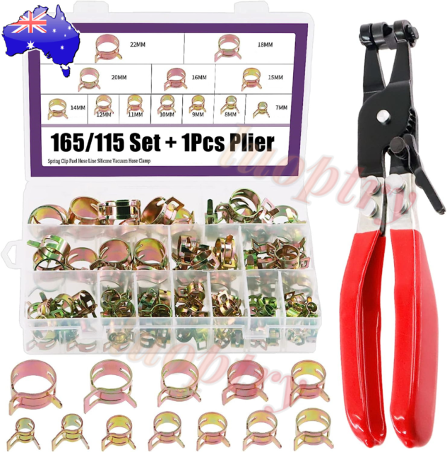 165X Hose Clamps Assortment Kit Steel Spring Clip/Plier Water Fuel Tube Air Pipe