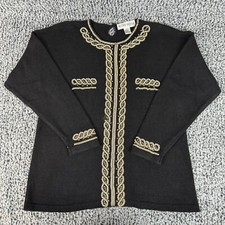 Victoria Harbour Vintage Sweater Black Knit Pullover Beige Gold Bead Design Sz L