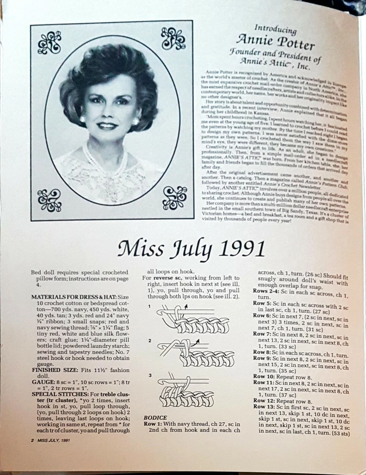 Fashion Bed Doll Gown Dress Miss July 1991 Crochet Pattern By Annies Attic - Image 2 of 2