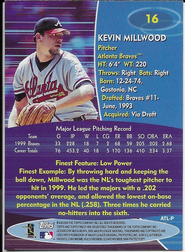 2000 Topps Finest Baseball Card 16 Kevin Millwood Atlanta Braves Mint