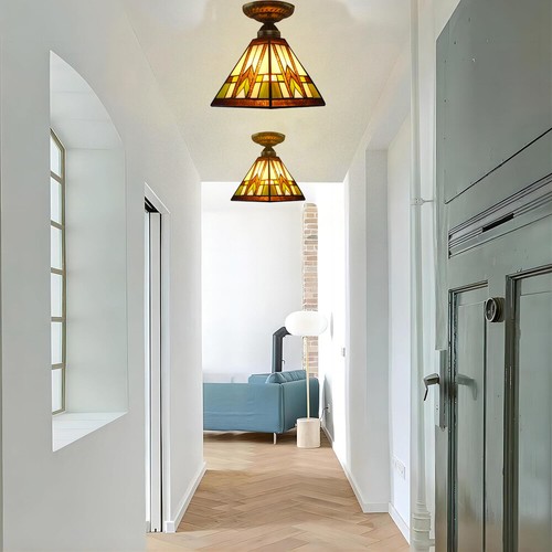8'' Wide Tiffany Style Stained Art Glass Semi-Flush Ceiling Lighting for Hallway - Picture 5 of 9