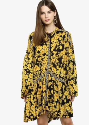 $128 Free People Size XS Tunic Top Love Letter Black Combo Yellow Floral Shirt