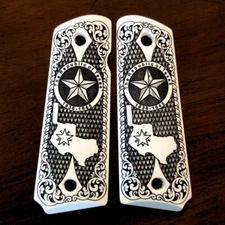 1911 custom 3D engraved faux ivory grips Texas Republic Star Checkered Scroll