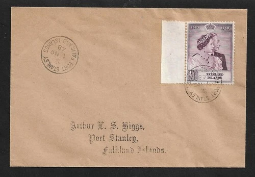 FALKLAND ISLANDS PORT STANLEY LOCAL £1 SILVER WEEDING ON FIRST DAY COVER 1948
