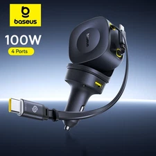 Baseus 100W Car Charger 4 Port PD QC Fast Charging Retractable Cable for Samsung