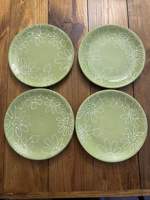 Pier One 8'' Plates Salad Dessert Flowers Green Hand Painted Earthenware x4