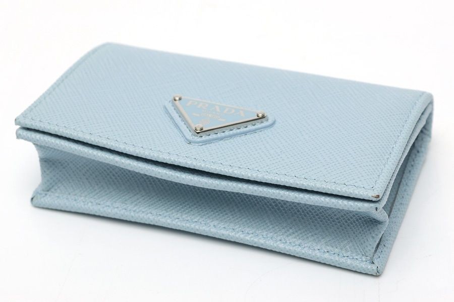 Prada Saffiano Triangle Card Case Light Blue Leather Business Card Holder thumbnail 4