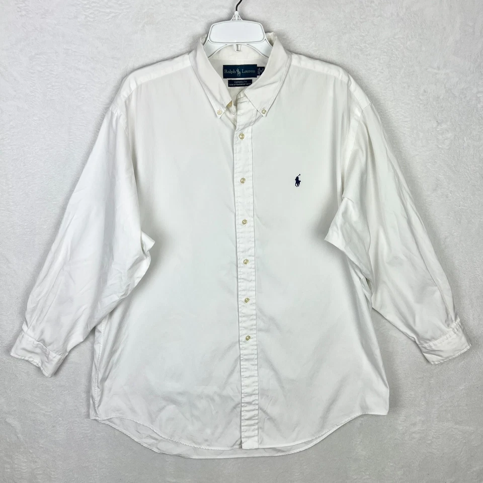 Camisa Ralph Lauren Blanca Abotonada Hombres 17 32/33 Azul Pony Manga Larga Yarmouth Foto 2 de 4