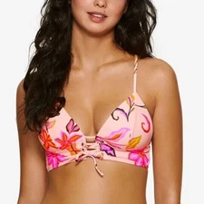 Hula Honey Women Pink Tropical Summer Hipster Lace-Up Swim Bikini Top Size XS