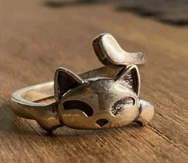 Vintage Sterling Silver Cat Ring 925 Sleeping Kitty Ring Size Is Adjustable