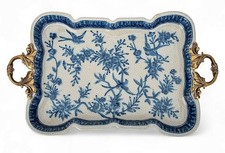 Blue, White Chinoiserie Porcelain Decorative Tray.Decorative Bronze Handles-15"L