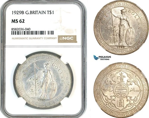 AL161, Great Britain, Trade Dollar 1929 B, Bombay Mint, Silver, NGC MS62