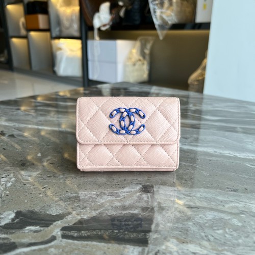 CHANEL 19 Bag Pink Leather CC Tri-Fold Wallet Authentic