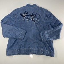 Chicos Women  s Blue Bird Embroidered Denim Zip Up Jacket 2 US 12 L Chambray