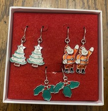 NEW, BOXED, 3 Pairs of Holiday Christmas Drop Earrings TREES HOLLY and SANTA