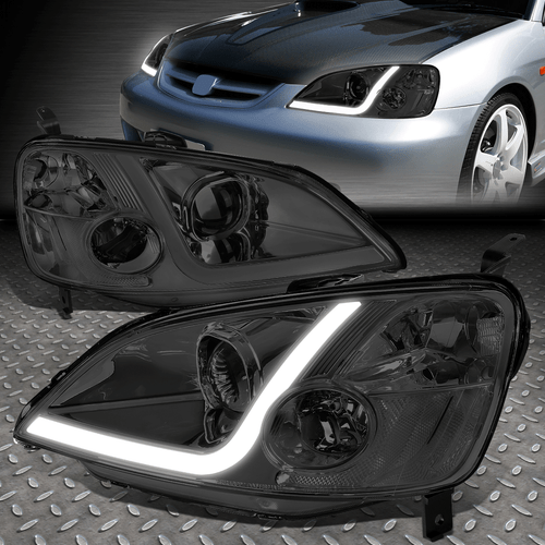 [LED DRL]FOR 01-03 HONDA CIVIC COUPE/SEDAN SMOKED CLEAR PROJECTOR HEADLIGHT LAMP - Picture 1 of 12