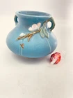 Vintage Weller Pottery F-2 Green Vase Apple Blossom Two Handles 1930s Crazing
