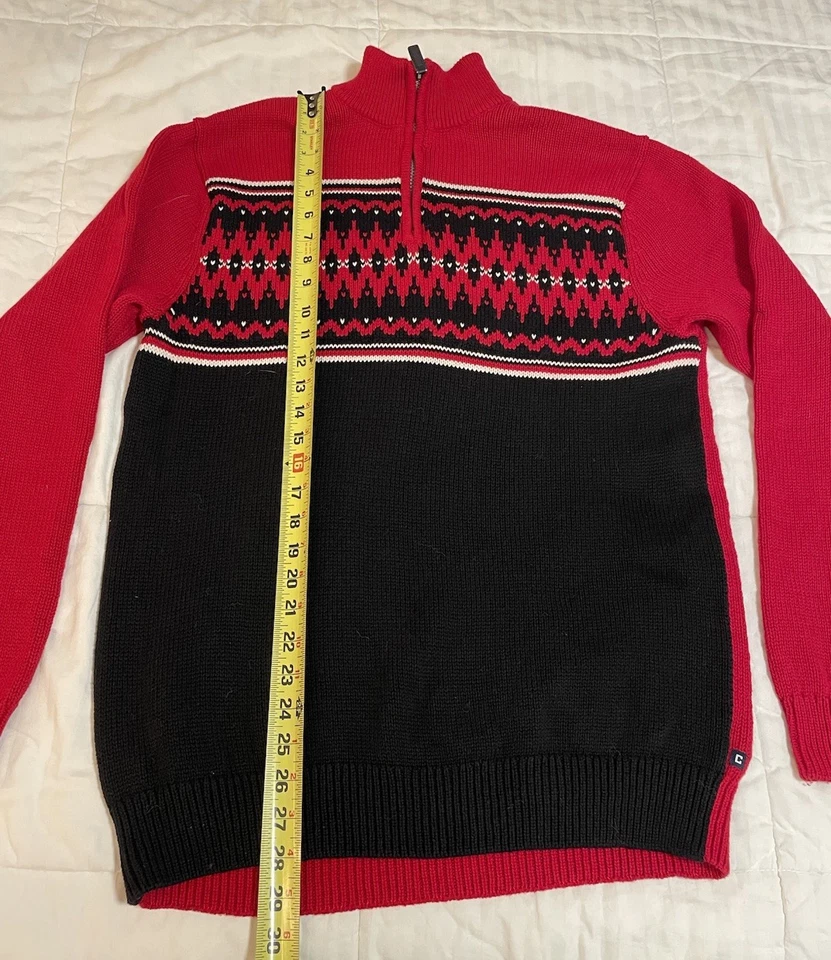 Chaps Fair Isle Sweater Mens Large Red Black Knit Cotton Quarter Zip EUC - Image 2 of 4