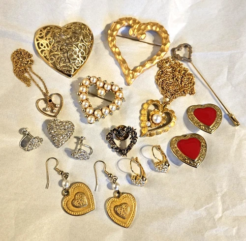 Vintage to Now Heart Valentine Costume Jewelry Lot - Earrings Necklaces Pins