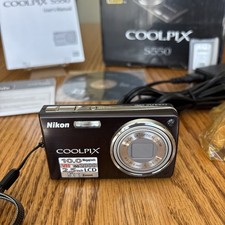 Nikon Coolpix S550 Black Digital Camera Box Charger Battery Cables Works Manuals