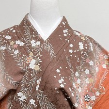 Kimono, Small Mon, Cherry Blossom Pattern, Gold Embellishments, Vertical Stripes