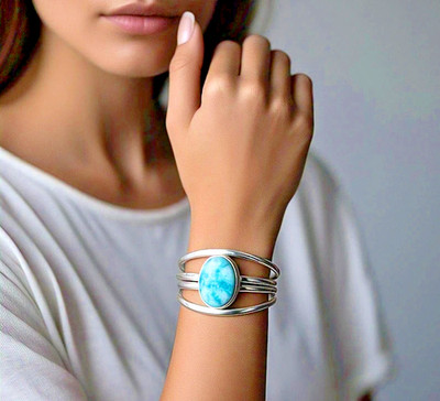 925 Sterling Silver Larimar Bracelet Natural Oval Gemstone Cuff Handmade Jewelry