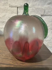 Vintage Signed Joe St. Clair Blue Glass Apple Paperweight Controlled Bubbles