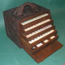 Beautiful Unique Design Case 1920s Bone Bamboo Mahjong Set and Rule Book