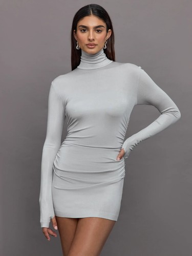 Norma Kamali Med. Pickleball Dress Dove Silver Long Sleeved sexy bodycon NWT'S