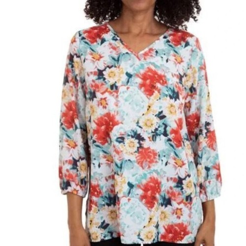 Mario Serrani Women's Size XXL V Neck Green Floral Top Blouse NWT