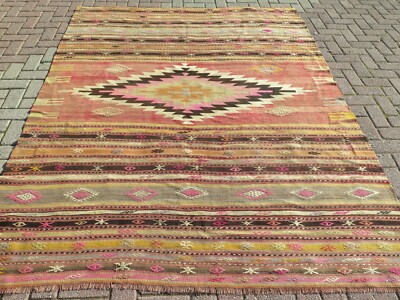 Antique Milet Kilim, Diamond Design Rug, Pastel Color Kelim Wool Carpet 77''X99''