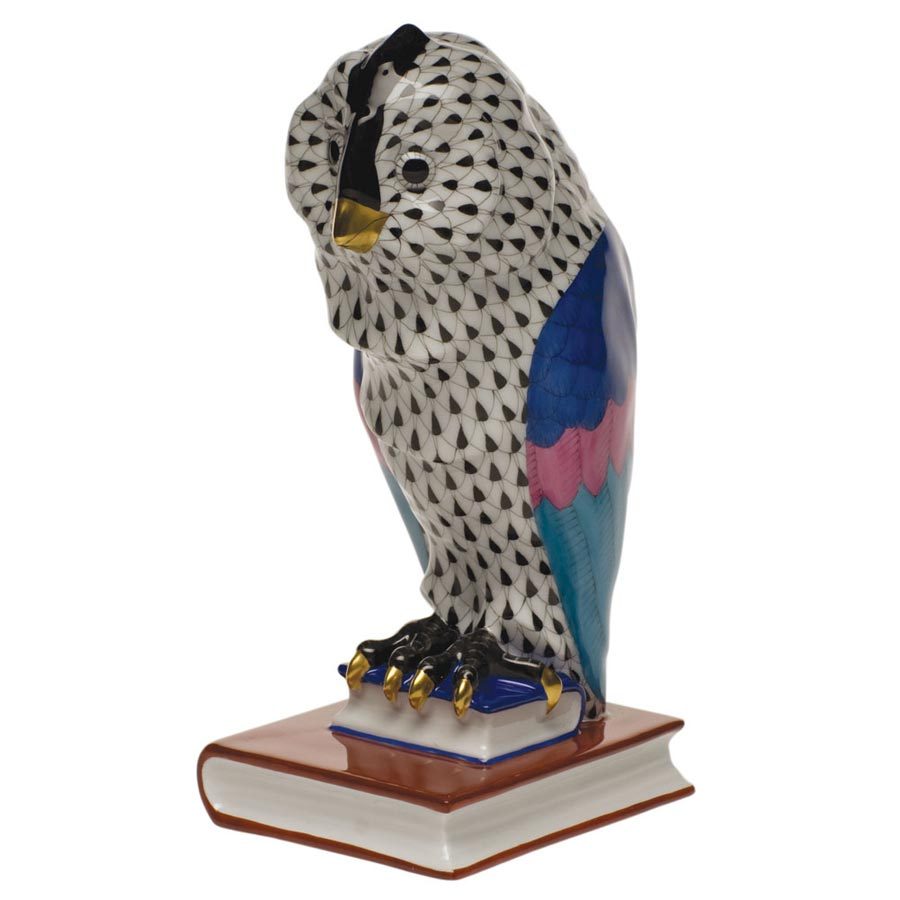 HEREND, PORCELAIN 8.25" OWLS ON BOOKS BOOKEND PAIR, BLACK, FLAWLESS