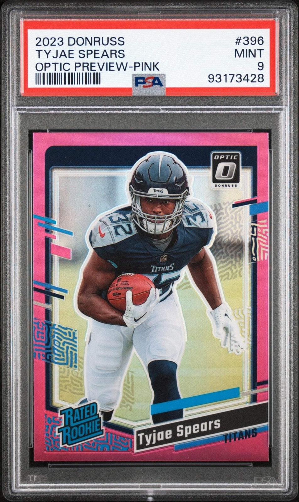 Tyjae Spears 2023 Panini Donruss Optic Preview Rated Rookie Pink Prizm RC PSA 9